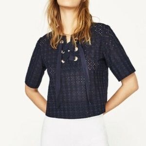 NWOT Zara Navy Eyelet Top with Ties